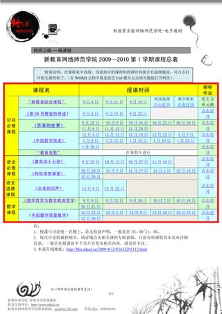 新教育实验网络师范学院-电子教材



          网师三纸-一纸课程

              新教育网络师范学院 2009—2010 第 1 学期课程总表

             特别说明：此课程表中浅绿、浅蓝部分的课程和授课时间都含有超级链接，可点击打
           开相关课程帖子。（在 WORD 文档中则是按住 Ctrl 键并点击相关链接打开网页）。

                                                                                           榜样
          课程名                                          授课时间                                作业
                                                                   阅读地图        教学框架        见左方
       “新教育综合课程”               9月4日        9 月 11 日    9 月 18 日
                                                                   点击打开        点击打开        单元格
                                                                                           点击打
      《 第 56 号教室的奇迹》           9月8日        9 月 15 日    9 月 22 日
                                                                                            开
公共
                               9 月 25 日    10 月 9 日    10 月 16 日   10 月 23 日   10 月 30 日   点击打
必修       《苏菲的世界》
                               11 月 6 日    11 月 13 日   11 月 20 日                            开
课程
                               12 月 4 日    12 月 11 日   12 月 18 日   12 月 25 日   1月5日        点击打
         《中国哲学简史》              1月8日        1 月 12 日    1 月 15 日    1 月 19 日    1 月 22 日     开
                               1 月 26 日                                                    点击打
           “教育电影”                                      在寒假中进行                               开
                                                                                           点击打
语文       《唐宋词十七讲》              9 月 29 日    10 月 13 日   10 月 27 日   11 月 10 日
                                                                                            开
必修
                               10 月 20 日   11 月 3 日    11 月 17 日   12 月 1 日    12 月 15 日   点击打
课程       《构筑理想课堂》
                               12 月 29 日                                                    开
语文
                                                                                           点击打
选修        《古老的回声》              12 月 8 日    12 月 22 日
                                                                                            开
课程
     《 数学哲学与数学教育哲学》            9月9日        9 月 23 日    9 月 30 日    10 月 7 日    10 月 14 日   点击打
数学                             10 月 21 日                                                    开
课程                             11 月 25 日   12 月 2 日    12 月 9 日    12 月 16 日   12 月 23 日   点击打
       《 中国数学双基教学》
                               12 月 30 日                                                    开
          注：
          1. 授课与讨论统一在晚上，若无特别声明，一般是在 19：00~21：00。
          2. 每次讨论的课程细节，请详细点击相关课程专帖获取，目前有些课程尚未发布详细
          信息，一般会在授课前半个月左右发布相关内容。请及时关注。
          3.本表在线地址：http://bbs.eduol.cn/2009-8/12/83633291112.html




                 过一种幸福完整的教育生活！
                                            113
新教育研究院 新教育实验课题组
教育在线网站：http://www.eduol.cn/
新教育网络师范学院联系邮箱：jszyfz@126.com    咨询 QQ：478396338
 