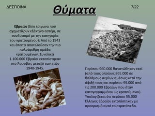 ΔΕΣΠΟΙΝΑ
                           Θύματα                             7/22




    Εβραίοι (δύο τρίγωνα που 
 σχηματίζουν εξάκτινο αστέρι, σε 
  συνδυασμό με την κατηγορία 
 του κρατουμένου): Από το 1943 
 και έπειτα αποτελούσαν την πιο 
       πολυάριθμη ομάδα 
     κρατουμένων. Συνολικά 
 1.100.000 Εβραίοι εκτοπίστηκαν 
  στο Άουσβιτς μεταξύ των ετών 
           1940-1945.               Περίπου 960.000 θανατώθηκαν εκεί 
                                    (από τους οποίους 865.000 σε 
                                    θαλάμους αερίων αμέσως κατά την 
                                    άφιξή τους και περίπου 95.000 από 
                                    τις 200.000 Εβραίων που ήταν 
                                    καταγεγραμμένοι ως κρατούμενοι). 
                                    Υπολογίζεται ότι περίπου 55.000 
                                    Έλληνες Εβραίοι εκτοπίστηκαν με 
                                    προορισμό αυτό το στρατόπεδο.
 