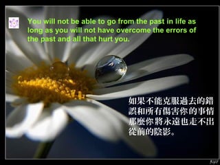 You will not be able to go from the past in life as
long as you will not have overcome the errors of
the past and all that hurt you.




                              如果不能克服過去的錯
                              誤和所有傷害你 的事情
                              那麼你 將永遠也走不出
                              從前的陰影。
 