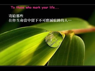 To those who mark your life...

寄給那些
在你 生命當中留下不可磨滅痕跡的人…
 