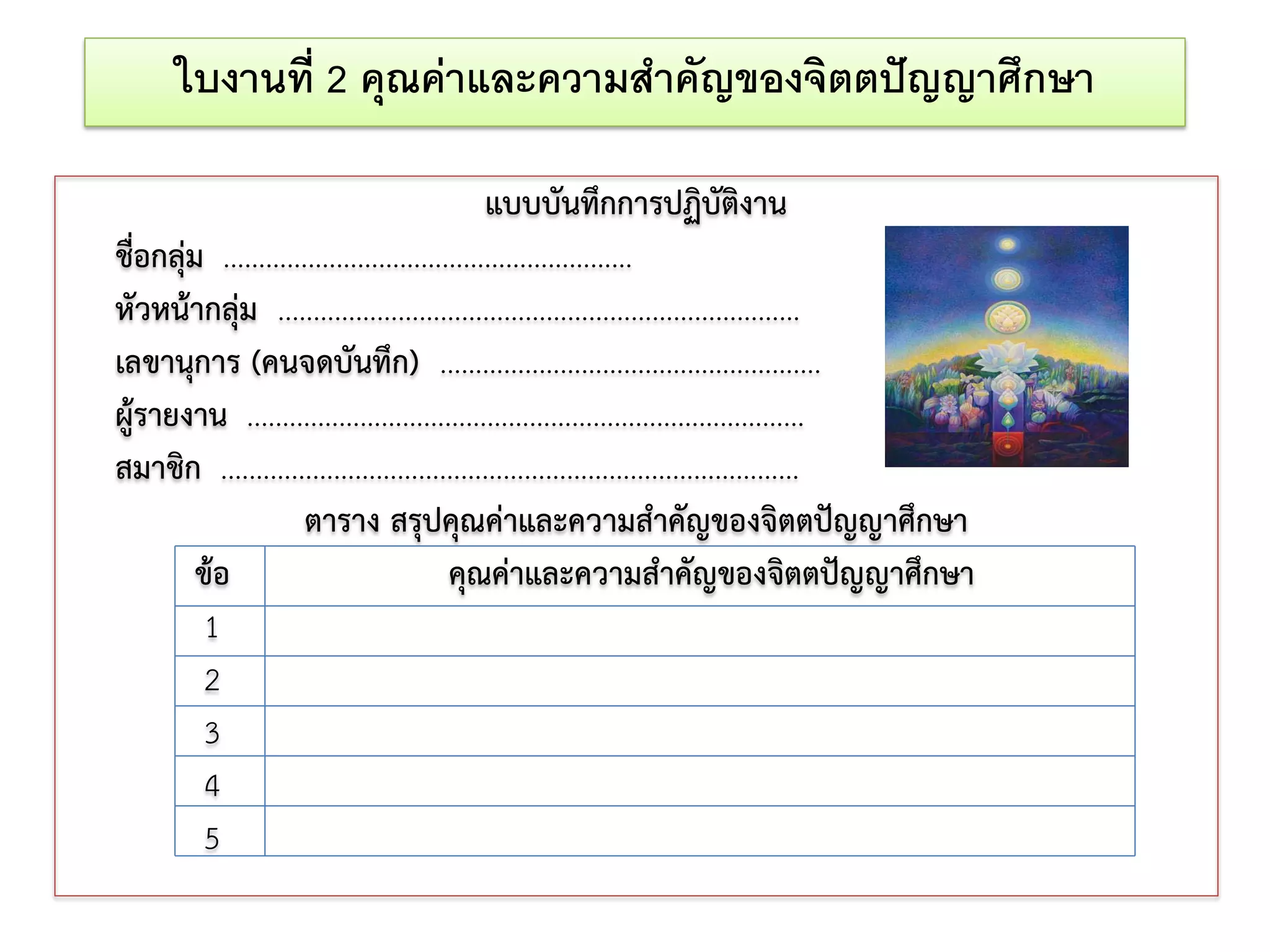 ใบงานที่ 2 คุณคาและความสําคัญของจิตตปญญาศึกษา

                                               แบบบันทึกการปฏิบัติงาน
ชื่อกลุม ..........................................................
หัวหนากลุม ..........................................................................
เลขานุการ (คนจดบันทึก) ......................................................
ผูรายงาน ...............................................................................
สมาชิก ..................................................................................
                      ตาราง สรุปคุณคาและความสําคัญของจิตตปญญาศึกษา
        ขอ                               คุณคาและความสําคัญของจิตตปญญาศึกษา
         1
         2
         3
         4
         5
 