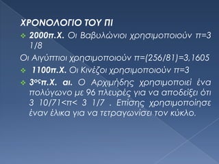 ΧΡΟΝΟΛΟΓΙΟ ΤΟΥ ΠΙ
 2000π.Χ. Οι Βαβυλώνιοι χρησιμοποιούν π=3
  1/8
Οι Αιγύπτιοι χρησιμοποιούν π=(256/81)=3,1605
 1100π.Χ. Οι Κινέζοι χρησιμοποιούν π=3
 3οςπ.Χ. αι. Ο Αρχιμήδης χρησιμοποιεί ένα
  πολύγωνο με 96 πλευρές για να αποδείξει ότι
  3 10/71<π< 3 1/7 . Επίσης χρησιμοποίησε
  έναν έλικα για να τετραγωνίσει τον κύκλο.
 