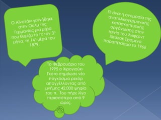 Το Φεβρουάριο του
  1995 ο Χιρογιούκι
 Γκότο σημείωσε νέο
  παγκόσμιο ρεκόρ
απαγγέλλοντας από
μνήμης 42.000 ψηφία
του π. Του πήρε λίγο
 περισσότερο από 9
        ώρες.
 