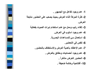‫1- عدم وجود تفاعل مع الجمھور .‬
‫2- كثرة الحركة اثناء العرض بحيث يصعب على الحضور متابعة‬
                                                ‫العرض.‬
   ‫3- إلقاء رتيب وممل مع عدم استخدام نبرات الصوت بفعالية‬
                         ‫4- عدم وجود اسلوب في العرض.‬
                      ‫5- استعمال سئ للمساعدات البصرية.‬
                                   ‫6- نقص في التحضير.‬
       ‫7- عدم اإلعتقاد بأھمية العرض واإلستخفاف بالحضور.‬
                 ‫8- عدم وجود أحصائيات وحقائق بالعرض .‬
                              ‫9- الحضور للعرض متأخراً .‬
                            ‫01- أفتتاحية وخاتمة ضعيفة .‬
 