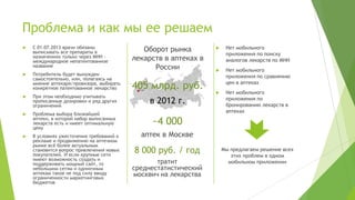 Проблема и как мы ее решаем
    С 01.07.2013 врачи обязаны                                        Нет мобильного

    выписывать все препараты в               Оборот рынка        
                                                                      приложения по поиску
    назначениях только через МНН –
    международное непатентованное         лекарств в аптеках в        аналогов лекарств по МНН
    название                                    России               Нет мобильного
   Потребитель будет вынужден                                        приложения по сравнению
    самостоятельно, или, полагаясь на
    мнение аптекаря/провизора, выбирать
    конкретное патентованное лекарство    405 млрд. руб.              цен в аптеках
                                                                     Нет мобильного
   При этом необходимо учитывать
    прописанные дозировки и ряд других
    ограничений
                                               в 2012 г.              приложения по
                                                                      бронированию лекарств в
                                                                      аптеках
   Проблема выбора ближайшей
    аптеки, в которой набор выписанных
    лекарств есть и имеет оптимальную
    цену
                                               ~4 000
   В условиях ужесточения требований к     аптек в Москве
    рекламе и продвижению на аптечном
    рынке всѐ более актуальным
    становится вопрос привлечения новых
    покупателей. И если крупные сети
                                          8 000 руб. / год           Мы предлагаем решение всех
                                                                        этих проблем в одном
    имеют возможность создать и
    поддерживать мощный сайт, то                 тратит                мобильном приложении
    небольшим сетям и одиночным           среднестатистический
    аптекам такое не под силу ввиду
    ограниченности маркетинговых
                                          москвич на лекарства
    бюджетов
 