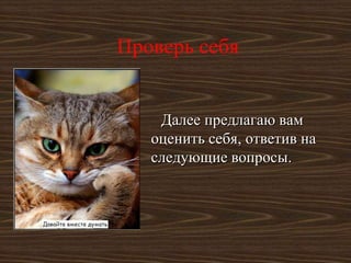 Проверь себя


    Далее предлагаю вам
   оценить себя, ответив на
   следующие вопросы.
 