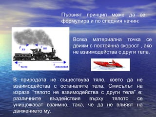 Първият принцип може да се
                 формулира и по следния начин:


                      Всяка материална точка се
                      движи с постоянна скорост , ако
                      не взаимодейства с други тела.




В природата не съществува тяло, което да не
взаимодейства с останалите тела. Смисълът на
израза “тялото не взаимодейства с други тела” е:
различните    въздействия   върху   тялото    се
унищожават взаимно, така, че да не влияят на
движението му.
 