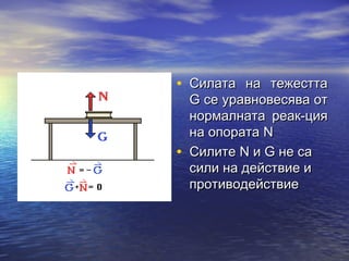 • Силата на тежестта
    G се уравновесява от
    нормалната реак-ция
    на опората N
•   Силите N и G не са
    сили на действие и
    противодействие
 