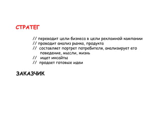 СТРАТЕГ

    // переводит цели бизнеса в цели рекламной кампании
    // проводит анализ рынка, продукта
    // составляет портрет потребителя, анализирует его
        поведение, мысли, жизнь
    // ищет инсайты
    // продает готовые идеи
     
ЗАКАЗЧИК
 