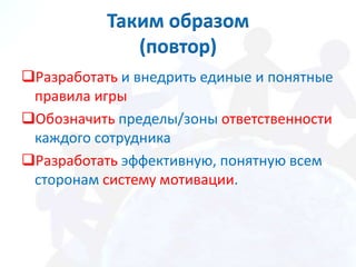 Таким образом
              (повтор)
Разработать и внедрить единые и понятные
 правила игры
Обозначить пределы/зоны ответственности
 каждого сотрудника
Разработать эффективную, понятную всем
 сторонам систему мотивации.
 
