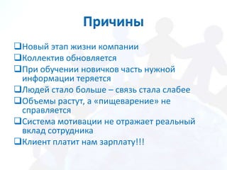 Причины
Новый этап жизни компании
Коллектив обновляется
При обучении новичков часть нужной
 информации теряется
Людей стало больше – связь стала слабее
Объемы растут, а «пищеварение» не
 справляется
Система мотивации не отражает реальный
 вклад сотрудника
Клиент платит нам зарплату!!!
 