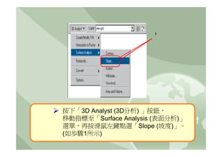 1




按下「3D Analyst (3D分析) 」按鈕，
移動指標至「Surface Analysis (表面分析)」
選單，再按滑鼠左鍵點選「Slope (坡度)」。
(如歩驟1所示)
 