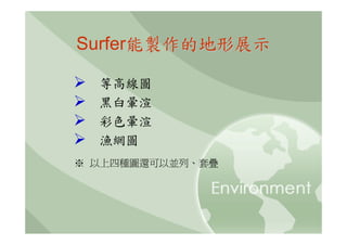 Surfer能製作的地形展示

  等高線圖
  黑白暈渲
  彩色暈渲
  漁網圖
※ 以上四種圖還可以並列、套疊
 