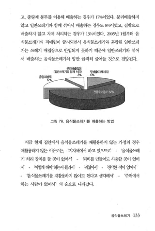 고， 종링쩌l 봉투를 이용해 배출히는 경우7} 170/0이었다. 분리배출하지

않고 일반쓰레기와 함께 섞어서 배출하는 경우도 %이었고， 집밖으로

배출하지 않고 자체 처리히는 경우가 13%이었다. 2005년 1월부터 음

식물쓰레기의 직매립이 금지되면서 음식물쓰레기와 혼합된 일반쓰레

기는 쓰레기 매립장으로 반입되지 못하기 때문에 일반쓰레기와 섞어

서 배출하는 음식물쓰레기의 양만 급격히 줄어들 것으로 전망된다.

                  분리배출。으
            (일반썩U71와함께 처레
                       8%




           그림   78. 음식물쓰레기를 배출하는 방법




    지금 현재 집안에서 음식물쓰레기를 재활용하지 않는 가정의 경우

재휠용해l 않는 。}유로는，    ~Þl저1써 하고 있으므로         음삭물쓰레

기 처리 장치를둘곳이 없어서       -     퇴비를만들어도사용할곳이 없어

서    - 어행l 혜납탄l 몰라셔 - 구摩써 - 챙1한적이 앓써
    ‘음식물쓰레기를 재활용하지 않이도 된다고 생각해서       -   ‘휴}뻐

하는 사람이 없어서’ 의 순으로 나타났다.




                                    음식물쓰레기   133
 