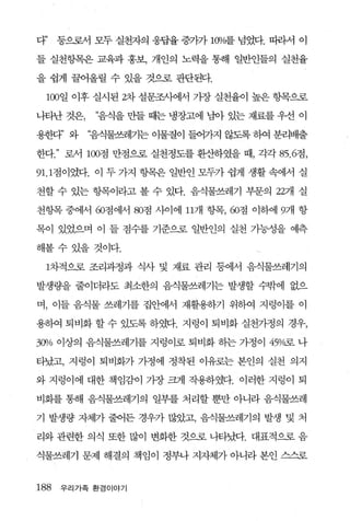 다’    둥으로서 모두 실천자의 웅답율 증가가 1CPIo-를 넘었다. 띠라서 이

들 실천항목은 교육과 홍보， 개인의 노력을 통해 일반인들의 실천율

을 쉽게 끌어올릴 수 있을 것으로 판단된다.

  100 일 이후 실시된 2차 설문조사에서 가장 실천율이 높은 항목으로

나타난 것은，     “음식을 만들 때는 냉장고에 남아 있는 재료를 우선 이

용호따’ 와    ‘음식물쓰레기는 이물질이 들어가지 않도록 하여 분리배출

한다     로서 100점 만점으로 실천정도를 환산하였을 때， 각각 85.6점，

91. 1점이었다. 이 두 가지 항목은 일반인 모두가 쉽게 생활 속에서 실

천할 수 있는 항목이라고 볼 수 있다. 음식물쓰레기 부문의 22개 실

천항목중에서 60점에서 80점 시이에 117R 항목， 60점 이하에 9개 항

목이 있었으며 이 들 점수를 기준으로 일반인의 실천 가능성을 예측

해볼수 있을것이다.

 1차적으로 조리과정과 식사 및 재료 관리 동에서 음식물쓰레기의

발생량을 줄이더라도 최소한의 음식물쓰레기는 발생할 수밖에 없으

며， 이들 음식물 쓰레기를 집안에서 재활용하기 위하여 지렁이를 이

용하여 퇴비화 할 수 있도록 하였다. 지렁이 퇴비화 실천가정의 경우，

%。 이상의 음식물쓰레기를 지렁이로 퇴비화 히는 가정이 45%굶나

타났고， 지렁이 퇴비화가 가정에 정착된 이유로는 본인의 실천 의지

와 지렁이에 대한 책임감이 가장 크게 작용하였다. 이러한 지렁이 퇴

비회를 통해 음식물쓰레기의 일부를 처리할 뿐만 아니라 음식물쓰레

기 발생량 자체가 줄어든 경우가 많았고， 음식물쓰레기의 발생 및 처

리와 관련한 의식 또한 많이 변화한 것으로 나타났다. 대표적A로 음

식물쓰레기 문제 해결의 책임이 정부나 지자체가 아니라 본인 스스로


188   우리가족 환경이야기
 