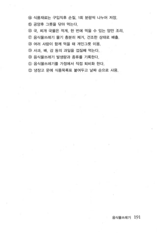 @ 식품재료는 구입직후 손질 ， 1 호| 분량씩 나부어 저장.
@ 공앙후 그릇을 닦아 먹는다.
@ 국， 찌개 국물은 적게， 한 번에 먹을 수 있는 양만 조리 .
@ 음식물쓰레기 물기 충분히 제거， 건조한 상태로 배출.
@ 여러 사람이 함께 먹을 때 개인그릇 이용.
@ 사과， 배 ， 감 등의 과일을 껍질째 먹는다.
@ 음식물쓰레기 발생량과 종류를 기록한다.
@ 음식물쓰레기를 가정에서 직접 퇴비화 한다.
@ 냉장고 문에 식품목록표 붙여두고 날짜 순으로 사용.




                                음식물쓰레기   191
 