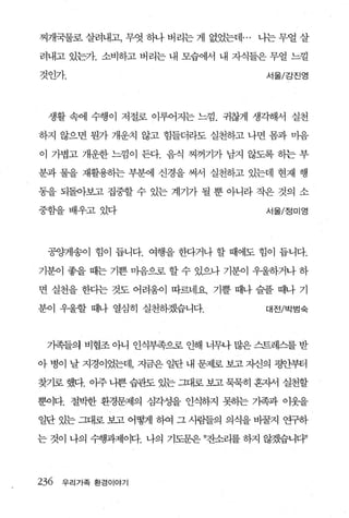 찌개국물로 살려내고， 무엇 하나 버리는 게 없었는데 ... 나는 무얼 살

려내고 있는가. 소비하고 버리는 내 모습에서 내 자식들은 무얼 느낄

것인가.                             서울/강진영



  생활 속에 수행이 저절로 이루어지는 느낌. 귀찮게 생각해서 실천

하지 않으면 뭔가 개운치 않고 힘들더라도 실천하고 나면 톰과 마음

이 가볍고 개운한 느낌이 든다. 음식 찌꺼기가 남지 않도록 하는 부

분과 물을 재활용하는 부분에 신경을 써서 실천하고 있는데 현재 행

동을 되돌아보고 집중할 수 있는 계기가 될 뿐 아니라 작은 것의 소

중함을 배우고 있다                       서울/정미영




 공앙꺼l송이 힘이 듭니다. 여행을 한다거나 할 때에도 힘이 듭니다.

기분이 좋을 때는 기쁜 마음으로 할 수 있으나 기분이 우울하거나 하

면 실천을 한다는 것도 어려움이 따르네요. 기뿔 때나 슬플 때나 기

분이 우울할 때나 열심히 실천하겠습니다.           대전/박범숙




 가족들의 비협조 아니 인식부족으로 인해 너무나 많은 스트레스를 받

아 병이 날 지경이었는데， 지금은 일단 내 문제로 보고 지신의 평안부터

찾기로 했다. 아주 니쁜 습관도 있는 그대로 보고 묵묵히 흔2써 실천할

뿐이다. 절박한 환경문제의 심각성을 인식하지 못하는 가족과 이웃을

일단 있는 그대로 보고 어떻게 하여 그 사람들의 의식을 바꿀지 연구하

는 것이 나의 수행과제이다. 나의 기도문윤 ”잔소리를 하지 않겠습니다)1




236   우리가족 환경이야기
 