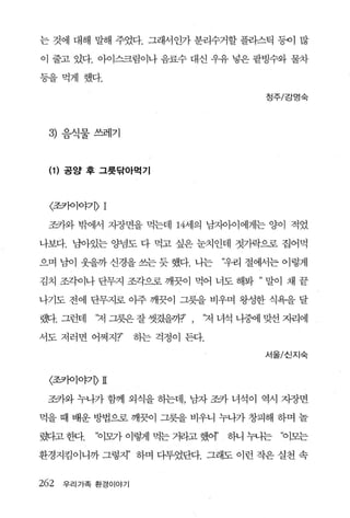는 것에 대해 말해 주었다. 그래서인가 분리수거할 플라스틱 퉁이 많

이 줄고 있다. 아이스크림이나 음료수 대신 우유 넣은 팔벙수와 물차

둥을먹게 했다.

                                           정주/강영숙




  3)   음식물쓰레기



  (1 ) 공양 후 그릉닦아먹기



  <~죠7lò lO~71)   1
 조카와 밖에서 지장면을 먹는데 14세의 남:A}아이에게는 양이 적었

나보다. 남아있는 양념도 다 먹고 싶은 눈치인데 젓가락으로 집어먹

으며 남이 웃을까 신경을 쓰는 듯 했다. 나는           “우리 절에서는 이렇게

김치 조각이나 단무지 조각으로 깨끗이 먹어 너도 해봐 “ 말이 채 끝

나기도 전에 단무지로 아주 깨끗이 그릇을 비우며 왕성한 식욕을 달

랬l 그런데        ‘저 그릇은 잘 씻겼을깨’ ,   ‘저 녀석 니중에 맞선 7-1리에

서도 저러면 어쩌지?’          하는 걱정이 든다.
                                           서울/신지숙


  〈죠캐 lo~기)II

 조카와 누나가 함께 외식을 하는데， 남자 조카 녀석이 역시 지장면

먹을 때 배운 방법A로 깨끗이 그릇을 비우니 누나가 창피해 하며 놀

핫}고 한다.       ‘이모가 이렇게 먹는 거라고 했어’    하니 누니는   ‘이모는

환경지킴이니까 그렇지’ 하며 다투었단다. 그래도 이런 작은 실천 속


262    우리가족 환경이야기
 