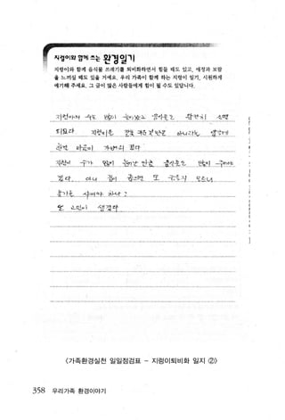 ’‘
                                                                                   、-




      찌렁이와영께쓰는 왼정일 11
      지령이와 함쩨 융식물 쓰레기톨 퇴비화하연서 힘들 때도 있고， 애정과 보랍
      율 느끼설 때도 있율 거예요. 우리 가혹이 함쩨 하는 지령이 일기， 시웬하게
      얘기해 주세요. 그 글이 많은 사랍들에게 힘이 훨 수도 있답니다.




      지현，，/‘의 유E                  많;0    괄I~ι 음꺼--l;}.L         걷「천녕                   kατ

      ε/a z:t­           지헌.~.l촌;         캉*커뀔치한응 -                 ?l:-:
                                                             15.t:Y..        ‘   영한11

      화τ~ ... ~t를。!               -7-:꺼켠 ‘ 청 q ‘

      31청。l       :::f:' 누    앓...1 월1.:t: 빙:효            ‘을껴풋ε         않。 l 팩P야

      ’‘ 없단 .......   g/;:y   ‘    쉴?)     풍~f전      ‘쪼    운풍 ~L . .
                                                                   ~εM

       효~~초           ιl쉰 얀 융J::<::t. '

       f      .Lv 1
                 J.,.         섰젖꺼




           〈가족환경실천 일일점검표 -                           지렁이퇴비화 일지                   (î)>



358   우리가족 환경이야기
 