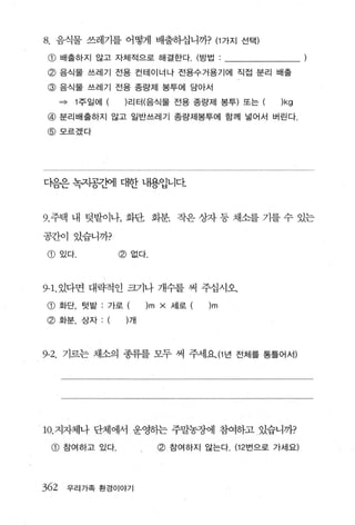8. 음식물 쓰레기를 어떻게 배출하십니까? (1 가지 선택)
 @ 배출하지 않고 자체적으로 해결한다 . (방법 ·
 @ 음식물 쓰레기 전용 컨테이너나 전용수거용기에 직접 분리 배출
 @ 음식물 쓰레기 전용 종량제 봉투에 담아서
      =수   1 주일어 I (리 터(음식물 전용 종량제 봉투) 또는      )kg
 @ 분리배출하지 않고 일반쓰레기 종량제봉투에 함께 넣어서 버린다 .
 @ 모르겠다




다음은 녹지공간에 대한 내용입니다


9. 주택 내 텃밭이나， 화단， 회분， 작은 상자 동 채소를 기를 수 있는

공칸이 있습니까?

CD    있다.         @ 없다.




9- 1.있다면 대략적인 크기나 개수를 써 주십시오
@ 화단， 텃밭 · 가로         )m x   세로   )m
@ 화분， 상자 : (개



9-2. 기르는 채소의 종류를 모두 써 주세요. (1 년 전체를 통틀어서)




10. 지자체나 단체에서 운영하는 주말농장에 참여하고 있습니까?

 @ 참여하고 있다.               @ 참여하지 않는다. (12 번으로 가세요)



362    우리가족 환경이야기
 