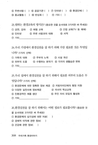 @   주변사람 (      @ 공공기관 (   @   인터넷 (       )   @   환경단체 (

@ 종교활동 (        @ 반상회 (    @   기타 (    )



23. 원하는 환경교육의 방식은? (중요한 것을 순서대로 3 가지만 써 주세요)

@ 강연， 강좌      @ 체험 교육             @ 간접 교육(TV 등 매체)
@ 인터넷         @ 주변 사람과의 대화        @ 서적
@ 기타



24. 우리 가정에서 환경실천을 잘 하기 위해 가장 필요한 것은 무엇입

니까? (1 가지 선택)

@ 가족의 대화        @ 주부의 노력       @ 시설 개선

@   오|부의 도움     @ 수행하는 분위기 @ 각자의 생활습관 변화
@ 기타




25. 우리 집에서 환경실천을 잘 하기 위해서 필요한 외부의 도움운 무

엇입니까? (1 가지 선택)

@ 환경문제에 대한 정확한 정보 제공 @ 지방자치단체의 행정 지원
@ 다양한 실전사례 정보제공            @   자녀의 학교교육

@ 친환경적인 제품 생산              @ 주민 자치 모임의 활성화
@ 기타



26. 환경실천을 잘 하기 위해서는 어떤 정보.7} 필요합니까? (중요한 것

을 순서대로 3 가지만 써 주세요)

@ 환경문제의 심각성에 대한 자료(
@ 경제적 이익에 관한 정보
@   건강에 관한 정보




368   우리가족 환경이야기
 