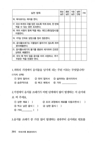 항상     종종   가검   실천
                AE프|i 등 -E
                    」세- CifE 「                                   기타
                                           실전     실전   실천   안함


16. 육식보다는 채식을 한다.

17. 국과 찌개의 국물 앙은 되도록 적게 하며， 한 번에
  먹을 수 있는 앙만 조리한다.

18. 여러 사람이 함께 먹을 때는 개인그릇(앞접시)을
  이용한다.

19. 1 주일 단위로 냉장고를 정리 정돈한다.

20. 음식물쓰레기는 이물질이 들어가지 않도록 하여
      분리배출한다.

21 음식물쓰레기의 물기를 충분히 제거하여 건조한
  상태로 배출한다

22. 외식 때 먹지 않을 음식을 미리 사앙하고， 추가
   주문은 먹을 만큼만 한다.




1. 귀하의 가정에서 음식물을 남기게 되는 주된 이유눈 무엇업니까?

(1 가지 선택)

 @ 양이 많아서            @ 맛이 없어서          @ 싫어하는 음식이라서
 @습관적으로              @ 짜고 매원서          @ 기타



2. 가정에서 음식물 쓰레기가 어떤 단계에서 많이 발생히는 지 순서대

로써주세요
 CD   상한 재료 (                    @ 조리 과정에서 재료를 다듬으면서 (
 @    먹고 남은 음식 (                 @ 상한음식(      )
 @    기 E~_ __




3. 음식물 쓰레기 중 가장 많이 발생하는 종류부터 순서대로 번호를




384    우리가족 환경이야기
 