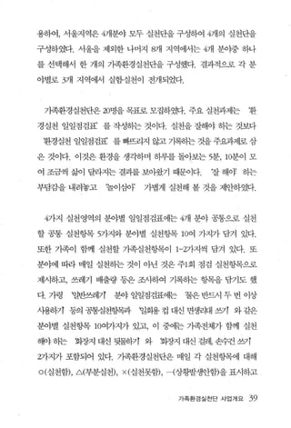 용하여， 서울지역은 4개분야 모두 실천단을 구성하여 4개의 실천단을

구성하였다. 서울을 제외한 나머지 8개 지역에서는 4개 분야중 하나

를 선택해서 한 개의 가족환경실천단을 구성했다. 결과적으혹 각 분

야별로 3개 지역에서 실험·실천이 전개되었다.



 가족환경실천단은 20명을 목표로 모집하였다. 주요 실천과제는            환

경실천 일일점검표’ 를 작성하는 것이다. 실천을 잘해야 등}는 것보다

 환경실천 일일점검표 를 빠뜨리지 않고 기록송}는 것을 주요과제로 삼

은 것이다. 이것은 환경을 생각하며 허루를 돌아보는 5분， 10분이 모

여 조금씩 삶이 달라지는 결과를 보아왔기 때문에대          잘 해야 하는

부담감을 내려놓고        ‘놀이심야   가볍게 실천해 볼 것을 제안하였다.



 4가지 실천영역의 분야별 일일점검표에는 4개 분야 공통으로 실천

할 공통 실천항목 5가지와 분야별 실천항목 10여 가지가 담겨 있다.

또한 가족이 함께 실천할 가족실천항목이 1-2가지씩 담겨 있다. 또

분야에 따라 매일 실천하는 것이 아닌 것은 주1회 점검 실천항목으로

제시하고， 쓰레기 배출량 등은 조사하여 기록하는 항목을 담기도 했

다. 가령    일반쓰레가    분야 일일점검표에는     물은 반드시 두 번 이상

λ댐하기 퉁의 공통실천항목과          일화용 컵 대신 면생리대 상f 와 같은

분야별 실천항목 10여가지가 있고， 이 중에는 가족전체가 함께 실천

해야 동}는   회장지 대신 뒷물등까 와      화장지 대신 걸레， 손수건 쓰카

2가지가 포함되어 있다. 가족환경실천단은 매일 각 실천향목에 대해

o(실천함)， .ð.(부분실천)， x(실천못함)， -(상황발생얀함)을 표시하고


                               가족환경실천단 사업개요   39
 