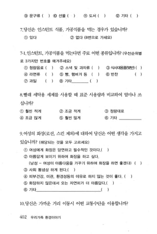 @ 문구류         (       )   @ 선물   ()         @ 도서   (       )           @기타 (



7. 당신은 인스턴트 식품， 가공식품을 먹는 경우가 있습니까?

  CD   있다                         @       없다 (8 번으로 가세요)




7-1. 인스턴트， 가공식품을 먹는다면 주로 어떤 종류입니까? (우선순위별
로 3 가지만 번호를 매겨주세요)

  CD   청량음료 (                @   스댁 및 과자류 (                     @ 식사대용품(햇반") (
 @ 라면류             (         @ 빵， 햄버거 등         (               @반찬             (
 @과일               (        @ 기타---(


8. 빨래 세탁용 세제를 사용할 때 표준 사용량과 비교하여 얼마나 쓰

십니까?

@훨씬 적게                       @조금적게                          @정량대로

@조금많게                        @훨씬 많게                         @기타



9. 여성의 화장(로션， 스킨 제외)에 대하여 당신은 어떤 생각을 가지고

있습니Z까? (해당되는 것을 모두 고르세요)

 @ 여성에게 화장은 당연하고 필수적인 것이다.(                                     )
 @ 아름답게 보이기 위하여 화장을 하고 싶다.
       (남성 -       여성이 아름다움을 가꾸기 위하여 화장을 하면 좋겠다)

 @ 사회 통념상 하게 된다.(                     )
 @ 띠부건강， 미관， 환경성등의 이유로 하지 않는 것이 좋다. (
 @ 화장하지 않은데서 오는 자연미가 더 아름답다.(                                       )
 @     기타                                               (       )



10. 당신은 가까운 거리 이동시 어떤 교통수단을 이용합니까?


402    우리가족 환경이야기
 