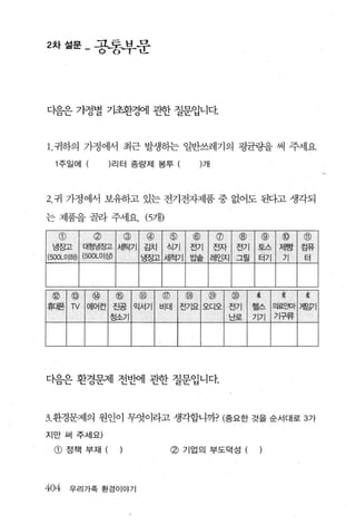 2차설문-공동부운




다음은 가정별 기초환경에 관한 질문입니다



1.귀하의 가정에서 최근 발생등}는 일반쓰레기의 평균량을 써 주세요

  1 주일어1 (리터 종량제 봉투                              개




2. 귀 가정에서 보유하고 있는 전기전자제품 중 없어도 된다고 생각되

는 제품을 골라 주세요. (5개)
   @           @         @     @     @     @          @     @     @     @      @
  ~~.ll   대형냉장고 세탁기 김치   식기               전기          전자    전기   토스    제빵      키디TnT
(500LOI하) (500LOI상) 냉장고 세척기               님
                                          tj}iEiE:   레인지    그럴   터기     기       터




 @       @    @     @        @     @     @           @)    @     %      $       뼈

휴'l:f폼   π/   에어컨   죠밍
                    정소기
                             믹서기   비더|   전기요 오디오           전기
                                                           난로
                                                                 헬스
                                                                 기기
                                                                      의료요떠 f
                                                                      기구류
                                                                               거맙11




다음은 환경문저l 전뻔l 관한 질문입니다



3. 환경문제의 원인이 무엇이라고 생각합니까? (중요한 것을 순서대로 3가

지만 써 주세요)

  CD     정책 부재 (     )                 @ 기업의 부도덕성 (               )



404      우리가족 환경이야기
 