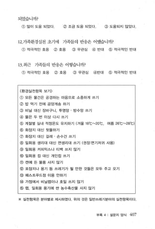 되었습니까?

 G)   많이 도움 되었다.     @ 조금도움되었다.          @ 도움되지 않았다.




12. 가족환경실천 초기에       기족들의 반응은 어댔습니까?

 @ 적극적인 호응     @ 호응       @ 무관심   @ 반대    @ 적극적인 반대



13. 최근   기족들의 반응윤 어떻습니까?

 @ 적극적인 호응         @ 호응   @ 무관심   @반대     @ 적극적인 반대




〈환경실천항목 보기 〉

@ 모든 물건은 공경하는 마음으로 소중하게 쓰기
@ 밥 먹기 전에 공앙게송 하기
@ 비닐 대신 장바구니， 투명망 · 방수망 쓰기
@ 물은 두 번 이상 다시 쓰기
@ 계절별 실내 적정온도 유지하기 (겨울 18'C"-'20 'C.     여름   26'C"-'28'C)
@ 화장지 대신 뒷물하기
@ 화장지 대신 걸레 · 손수건 쓰기
@ 일회용 생리대 대신 면생리대 쓰기 (권장: 면기저귀 사용)
@ 일회용 커피믹스나 티백 쓰지 않기
@ 일회용 컵 대신 개인컵 쓰기
@ 캔에든물품사지않기

@ 포장지나 용기 등 쓰레기가 될 만한 것들은 모두 주고 오 7
@ 패스트푸드점 이용 안하기
@ 가정에서 비닐랩이나 호일 쓰지 않기
@ 랩， 일회용 용기에 싼 농수축산물 사지 않기


※ 실천항목은 분야별로 제시하였다. 위의 것은 일반쓰레기분야의 실천항목이다.




                                   부록 4 : 설문지앙식       407
 