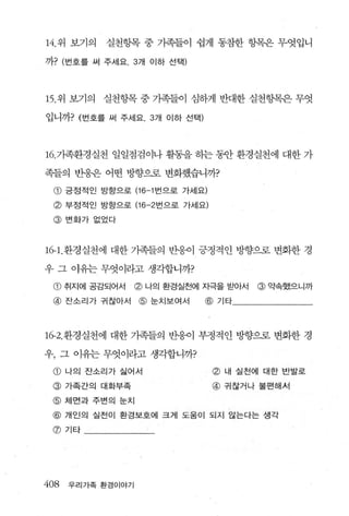 14. 위 보기의   실천항목 중 가족들이 쉽게 동참한 항목은 무엇입니

η'}?( 번호를 써 주세요 3 개 이하 선택)



15. 위 보기의   실천항목 중 기족들이 심하게 반대한 실천항목은 무엇

입니2가? (번호를 써 주세요 .3 개 이하 선택)



16. 기족환경실천 일일점검이나 활동을 하는 동안 환경실천에 대한 가

족들의 반웅은 어떤 방향으로 변화했습니까?
 @ 긍정적인 방향으로 (16-1 번으로 가세요)
 @ 부정적인 방항으로 (16-2 번으로 가세요)
 @ 변화가 없었다


16-1.환경실천에 대한 가족들의 반웅이 긍정적인 방향으로 변화한 경

우 그 이유는 무엇이라고 생각합니까?

 @ 취지에 공감되어서       @ 나의 환경실천에 자극을 받아서   @ 약속했으니까
 @ 잔소리가 귀찮아서       @ 눈치보여서     @ 기타



1ι2. 환경실천에 대한 기족들의 반웅이 부정적인 방향으로 변화한 경

우， 그 이유는 무엇이라고 생각합니까?

 @ 나의 잔소리가 싫어서                  @ 내 실천에 대한반발로
 @    가족간의 대화부족                 @ 구|찮거나 불편해서
 @ 체면과 주변의 눈치
 @ 개인의 실천이 환경보호에 크게 도움이 되지 않는다는 생각
 @ 기타




408   우리가족 환경이야기
 