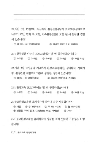 21. 지난 3월 15 일부터 지금까지 환경실천나누기 프로그램(생태학교

나누기 모임 ， 법회 후 모임， 가족환경실천단 모임 등)에 동참한 경험

이 있습니까?

 @    예 (21-1 에 답해주세요)            @    아니오 (22 번으로 가서|요)




21-1 . 환경실천 나누기 프로그램에는 몇 번 동참하였습니까                        ?
 CD   1-2 번    ø   3-4 번   @   5-6 번     @   7-9 번    @   10 번 이상




22. 지난 3월 15 일부터 지금까지 환경교육캠페인， 생태학교， 생태기

행， 환경관련 체험프로그램)에 동참한 경험이 있습니까?

 CD   예 (22-1 에 답해주세요)          @ 아니오 .(23 번으로 가세요)



22-1 환경교육 프로그램에는 몇 번 동참하였습니까 ?
 φ 1-2 번       ø   3-4 번   @ 5-6 번       @ 7-9 번      @10 번 이상




23. 불교환경교육원 홈페이지에 얼마나 자주 방문합니까?

 CD   매일      @ 주 3회 "'6호@ 주 1 회 "'2회            @ 월 1 회 "'3회
 @ 방문한 적이 없다 (24 번으로 바로 가세요@ 기타


23- 1. 불교환경교육원 홈페이지에 방문한 적이 있다면 유용성은 어떻

습니까?


410   우리가족 환경이야기
 