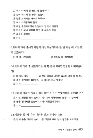 CD   부피가 커서 휴대하기에 불편하다

 @ 깜빡 잊고서 휴대하지 않는다
 @ 장을 보기에는 개수가 부족하다
 @ 크기가 적당하지 않다
 @ 대형 할인마트에서 인정하지 않거나 꺼린다
 @ 편리한 비닐 봉투를 두고 을 이유가 없다
 @ 세탁이 어렵다
 @기타




6. 귀하의 가족 중에서 화장지 대신 뒷물하기를 한 번 이상 해 보신 분

이 있습니까?

 @    예 (6-1 번으로)          @   아니오 (6-2 번으로)




6-1.귀하의 기족 중 뒷물하기를 해 본 분이 있다면 반웅은 어떠했습니

까?

 @ 해 보니 좋다          @ 선뜻 마음이 나지는 않지만 계속 해 보겠다
 @ 계속 하기에는 불편하다 @ 다시는 하지 않겠다
 @기타




6-2. 귀하의 가족이 뒷물을 하지 않는 이유는 무엇이라고 생각합니까?

 @ 나도 뒷물을 하지 않아서      @ 내가 적극적으로 권유하지 않아서
 @ 좋은 일이지만 망설여져서 @ 비위생적이라서
 @기타




6-3. 뒷물을 할 때 가장 어려운 점은 무엇입니까?

 @ 변에 손을 대기가 싫다      @ 어떻게 해야 할지 방법을 모르겠다



                                 부록 4: 설문지 앙식   415‘
 