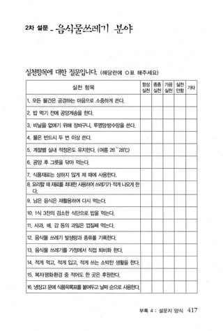 2차 설문 - 음식물쓰레， 1 분야




실천향멤l 대한 질문입니다 (해당란에 0표 해주세요)

                                           항상 종종 가끔 실천
                 실천항목                                      기타
                                           실천 실천 실천 안함

1 모든 물건은 공경하는 마음으로 소중하게 쓴다

2. 밥 먹기 전에 공앙거암을 흔빠.

3. 비닐을 없애기 위해 징바구니， 투명망방수망을 쓴다.

4. 물은 반드시 두 번 이상쓴다

5. 계절별 실내 적정온도 유지효H각. (여름 26 - 28'C)

6. 공양후그릇을 투에} 먹는다

7. 식품재료는 S팅t지 않게 제 때에 사용효빠.
8. 요리할 때 X順를 최cH한 A용해 쐐I7l7 f 적거I LI:2거| 한 /
    다.

9   남은 음식은 재활용하여 다시 먹는다.

10.1 식 3ξ백 검소한 식단으로 밥을 먹는다.


11 사과， 배， 감 등의 과일은 겁질째 먹는다.

12. 음식물 쓰레기 발생량과 종류를 기록효!Cf.

13. 음식물 쓰레기를 가정에서 직접 퇴비화 효!Cf.

14. 적게 먹고 적게 입고， 적게 쓰는 소빅k한 생활을 효!Cf.

15. 복자평화환경 중 적어도 한 콧은 후원흔봐.

16. 냉장고문에 식픔목룩표를 붙여두고 닐짜순으로 시용흔tcf.



                                          부록 ’ 4: 설문지 앙식   417
 