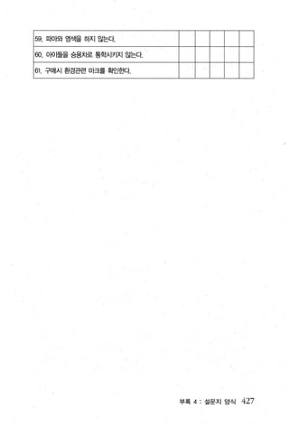 59, 파마와 염색을 하지 않는다

60,   0101들을 승용차로 통학시키지 않는다.

61 , 구매시 환경관련 마크를 확인효tc~，
                                    、




                               부록 4: 설문지 앙식   427
 