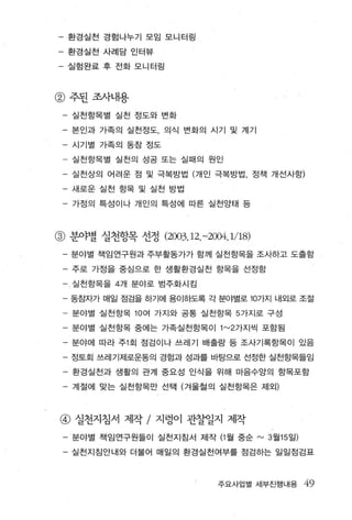 - 환경실천 경럼나누기 모임 모니터링

- 환경실천 사례담 인터뷰

     실럼완료 후 전화 모니터링



@주된조사내용

     실천항목별 실천 정도와 변화

 - 본인과 가족의 실천정도， 의식 변화의 시기 및 계기

 - 시기별 가족의 동참 정도

 - 실천항목별 실천의 성공 또는 실패의 원인

 - 실천상의 어려운 점 및 극복방법 (개인 극복방법， 정책 개선사항)

 - 새로운 실천 항목 및 실천 방법

 -   가정의 특성이나 개인의 특성에 따른 실천양태 등



@ 분야별 실천항목 선정 (2003.12. -2004.1/ 18)
 - 분야별 책임연구원과 주부활동가가 함께 실천항목을 조사하고 도출함

 - 주로 가정을 중심으로 한 생활환경실천 항목을 선정합

 -   실천항목을 4 개 분야로 범주화시킴

 - 동잠자가 매일 점검을 하기에 용이하도록 각 분야별로 107f지 내외로 조절

 - 분야별 실천항목 10 여 가지와 공통 실천항목 5 가지로 구성

 - 분야별 실천항목 중에는 가족실천항목이 1"-'2 가지씩 포함됨

 - 분야에 따라 주1 회 점검이나 쓰레기 배출랑 등 조사기록항목이 있음

 - 정토회 쓰레기제로운동의 경험과 성과를 바탕으로 선정한 실천항목들임

 - 환경실전과 생활의 관계 중요성 인식을 위해 마음수앙의 항목포함

 -   계절에 맞는 실천항목만 선택 (겨울철의 실천항목은 제외)



@ 실천지침서 제작 / 지렁이 관결k길지 제작
 - 분야별 책임연구원들이 실천지침서 제작 (1 월 중순 "-'3 월 15 일)

 - 실천지침안내와 더불어 매일의 환경실천여부를 점검하는 일일점검표



                             주요사업별 세부진행내용      49
 