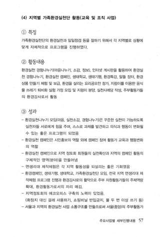 (4) 지역별 가족환경실천단 활동(교육 및 조직 사업)


CD 특정
가족환경실천단의 환경실천과 일일점검 등을 을연f기 위해서 각 지역별로 상황에

맞게 자체적으로 프로그램을 진행하였다.




@ 활동내용
환경실천 경험나누기(마음나누기， 소감， 정보)， 인터넷 게시판을 활용하여 환경실

전 경험나누기， 환경실전 캠페인， 생태학교， 생태기행， 환경특강， 알뜰 장터， 환경

상품 만들기 체험 및 보급， 환경을 살리는 요리공모전 참가， 지렁이를 이용한 음식

물 쓰레기 퇴비화 실힘 가정 모집 및 지렁이 분양， 실전사례담 작성， 주부활동가들

의 환경강사로서 활동




@ 성과
- 환경실천나누기 모임( 미음， 실천소감， 경험나누개은 꾸준한 실천이 가능하도록

    실천자들 서로에게 힘을 주며， 스스로 과저|를 발견하고 의식과 행동이 변화될

    수 있는 좋은 프로그램이 되었음

- 환경실천 캠페인은 시민홍보의 역할 외에 캠페인 참여 활동가 교육과 행동변화

    의 역할

- 환경실천 캠페인으로 지역 정토회 회원들의 실천확산과 지역의 캠페인 활동의

    구체적인 영역(분야)을 만들어냄

-   면생리대 제작체험은 각 지역 활동성을 되살리는 좋은 기회였음

- 환경캠페인， 생태기행， 생태학교， 가족환경실전단 모임， 전국 지역 면생리대 제

    ξ쩌|힘 프로그램 진행과 환경강사로의 활약으로 주부 자원활동가들의 주체역량

    확대 ， 환경활동가로서의 자리 매김.

- 지역정토회의 에코오피스 구축의 노력이 있었음，

    (화장지 대신 걸레 사용하기， 쇼핑비닐 반입금지， 물 두 번 이상 쓰기 등)

- 서울과 지역의 환경실천 사업 소통구조를 만뚫으로써 서울{중앙)의 주부활동가



                              주요사업별 세부진행내용   57
 