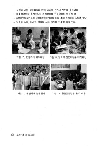 - 실전을 위한 실습활동을 통해 모임에 생기와 재미를 불어넣음
 - 대중환경운동 실천조직의 초기형태를 만들었다는 의의가 큼
 - 주부자원활동가들이 체럼환경프로그램을 기획， 준비， 진행하여 실무력 향상
 - 앞으로 수행 ， 학습과 연관된 심화 과정을 기획할 필요 있음.




     그림 10. 면생리대 제작체험       그림 11 . 알로에 천연화장품 제작체험




     그림   12.   면생리대 천연염색    그림   13 .   환경실전경험나누기모임




60   우 리가족환경이야기
 