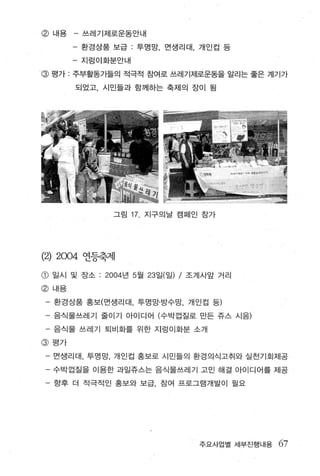 @내용      - 쓰레기제로운동안내

         - 환경상품 보급 : 투명망， 면생리대， 개인컵 등
         - 지렁이화분안내

~ 평가     주부활동가들의 적극적 참여로 쓰레기제로운동을 알리는 좋은 계기가

         되었고， 시민들과 함께하는 축제의 장이 됨




                 그림   17. 지구의날 캠페인 참가




(2) 2004 연등축제
CD   일시 및 장소 : 2004 년 5 월 23 일(일) / 조계사앞 거리

@ 내용

 - 환경상품 홍보(면생리대， 투명망·방수망， 개인컵 등)

 - 음식물쓰레기 줄이기 아이디어 (수박껍질로 만든 쥬스 시음)

 - 음식물 쓰레기 퇴비화를 위한 지렁이화분 소개

@ 평가

     먼생리대 ， 투명망， 개인컵 홍보로 시민들의 환경의식고취와 실천기회제공

 - 수박껍질을 이용한 과일쥬스는 음식물쓰레기 고민 해결 아이디어를 제공
 - 향후 더 적극적인 홍보와 보급 잠여 프로그램개발이 팔요




                                    주요사업별 세부진행내용   67
 