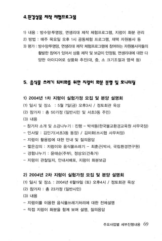 4. 왼정상풍 쩨씌 찌I엉프로그램


1) 내용 : 방수망·투명망， 면생리대 제작 체힘프로그램， 지렁이 화분 관리
2) 방법 : 매주 목요일 오후 1 시 공동체험 프로그램， 재택 자원봉사 등
3) 평가 : 방수망·투명망， 면생리대 제작 체럼프로그램에 참여하는 자원봉사자들의
           활발한 참여가 있어서 상품 제작 및 보급이 안정됨. 면생리대에 대한 다

           양한 아이디어로 상품화 추진(대， 중， 소 크기조절과 염색 등)




5.    음식울 쓰려1'1 퇴비화를 찌언 쩌렁이 화운 분양 잊 표니터링



1) 2004 년 1 차 지렁이 실험가정 모집 및 분양 설명회
1) 일시 및 장소        : 5 월 7일(금) 오후3 시 / 정토회관 옥상
2) 참가자 : 총 50 가정 (일반시민 및 서초3 동 주민)
(3)   내용

- 참가자 소개 및 소감나누기 . 진행 - 박석동(한국불교환경교육원 사무국장)
- 인사말      ’   김인기(서초3동 동장) / 김미화(쓰시협 사무처장)

- 지렁이 활용법에 대한 안내 및 질의응답
- 짧은강의 : 지렁이와 음식물쓰레기            최훈근(박사， 국립환경연구원)

- 경험나누기 · 윤태순(주부)， 정상오(건축가)
- 지렁이 관찰일지， 안내서배포， 지렁이 화분보급



2) 2004 년 2차 지렁이 실험가정 모집 및 분양 설명회
(1) 일시 및 장소 : 2004년 6 월 19 일 (토) 오후4시 / 정토회관 옥상
(2) 참가자 : 총 237f정 (일반시민)
(3) 내용
- 지렁이를 이용한 음식물쓰레기처리에 대한 전체설명
- 직접 지렁이 화분을 함께 보며 설명， 질의응답



                                     주요사업별 세부진행내용   69
 