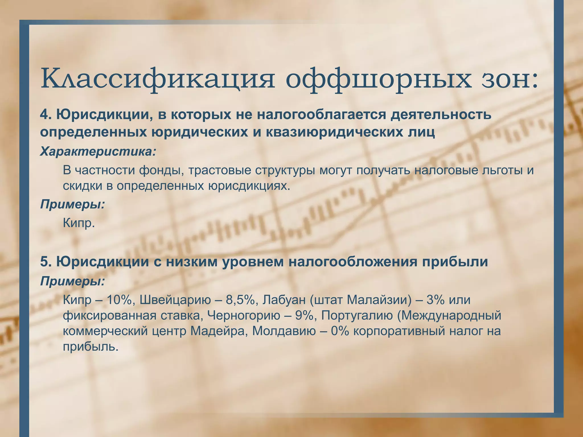 Классификация оффшорных зон:
4. Юрисдикции, в которых не налогооблагается деятельность
определенных юридических и квазиюридических лиц
Характеристика:
   В частности фонды, трастовые структуры могут получать налоговые льготы и
   скидки в определенных юрисдикциях.
Примеры:
   Кипр.


5. Юрисдикции с низким уровнем налогообложения прибыли
Примеры:
   Кипр – 10%, Швейцарию – 8,5%, Лабуан (штат Малайзии) – 3% или
   фиксированная ставка, Черногорию – 9%, Португалию (Международный
   коммерческий центр Мадейра, Молдавию – 0% корпоративный налог на
   прибыль.
 