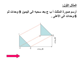 ‫المثال اللول:‬
‫أرسم صورة المثلث أ ب ج بعد سحبه الى اليمين 9 لوحدات ثم‬
                                   ‫6 لوحدات الى اللعلى .‬
                           ‫ً‬
                           ‫ا‬




         ‫أ‬                          ‫ج‬
                          ‫ً‬
                          ‫ب‬
                                     ‫ً‬




                                     ‫6 وحدات‬
         ‫ب‬        ‫ج‬
                        ‫9 وحدات‬
 