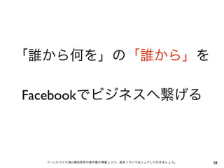 「誰から何を」の「誰から」を

Facebookでビジネスへ繋げる



  イーンスパイア(株) 横田秀珠の著作権を尊重しつつ、是非ノウハウはシェアして行きましょう。   58
 