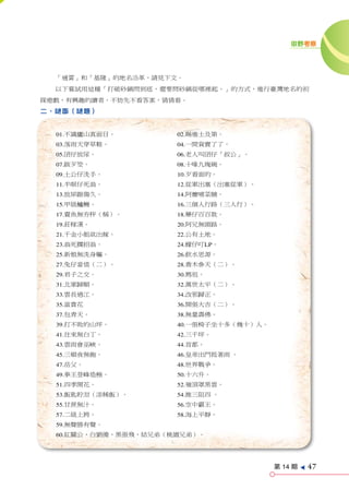 田野考察




  「通霄」和「基隆」的地名沿革，請見下文。
  以下嘗試用這種「打破砂鍋問到底，還要問砂鍋從哪裡起。」的方式，進行臺灣地名的初
探遊戲，有興趣的讀者，不妨先不看答案，猜猜看。
二、謎面（謎題）


  01.不識廬山真面目。         02.賜進士及第。
  03.落雨天穿草鞋。          04.一間貨賣了了。
  05.囝仔放尿。            06.老人叫囝仔「叔公」。
  07.跋歹筊。             08.十喙九塊碗。
  09.土公仔洗手。           10.歹看面的。
  11.半暝仔死翁。           12.從軍出塞（出塞從軍）。
  13.放屎踞傷久。           14.阿嬤哺菜脯。
  15.甲級鱸鰻。            16.三個人行路（三人行）。
  17.賣魚無夯秤（稱）。        18.藥仔百百款。
  19.莊稼漢。             20.阿兄無頭路。
  21.千金小姐欲出嫁。         22.公有土地。
  23.翁死擱招翁。           24.蠓仔叮LP。
  25.新娘無洗身軀。          26.飲水思源。
  27.兔仔當值（二）。         28.喬木參天（二）。
  29.君子之交。            30.媽祖。
  31.北軍歸順。            32.萬世太平（二）。
  33.雲長過江。            34.改邪歸正。
  35.富貴花              36.開張大吉（二）。
  37.包青天。             38.無量壽佛。
  39.打不敗的山坪。          40.一張椅子坐十多（幾十）人。
  41.往來無白丁。           42.三千坪。
  43.雲雨會巫峽。           44.首都。
  45.三頓食無飽。           46.皇帝出門抵著雨 。
  47.岳父。              48.世界戰爭。
  49.拳王登峰造極。          50.十六升。
  51.四季開花。            52.嶺頂罩黑雲。
  53.飯匙貯泔（添稀飯）。       54.推三阻四 。
  55.甘蔗無汁。            56.空中霸王。
  57.二級上將。            58.海上平靜。
  59.無聲勝有聲。
  60.紅關公、白劉備、黑張飛，結兄弟（桃園兄弟）。




                                         第 14 期
                                                  e
                                                      47
 