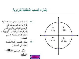 ‫إشارة النسب المثلثية للزاوية‬

 ‫تتحد إشارة القترانات المثلثية‬    ‫‪‬‬
       ‫للزاوية هـ المرسومة في‬
   ‫الوضع القياسي بالربع الذي‬
‫يقع فيه ضلع النتهاء للزاوية ،‬
       ‫وذلك كما يوضحه الرسم‬
                       ‫المجاور.‬
      ‫يمكن تلخيص الملظحظات‬        ‫‪‬‬
              ‫أعل ه في الجملة :‬
     ‫كل جيب يظلله‬
               ‫جتاه‬
 