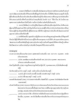 15


                   4. จากผลการวิจยที่พบว่า การท่องเที่ยวเชิงวัฒนธรรม ยังขาดการจัดกิจกรรมเชิงสร้างสรรค์
                                    ั
และการพัฒนาแหล่งท่องเที่ยวให้โดดเด่นเป็ นที่ดึงดูดใจนักท่องเที่ยว ทั้งที่มีศิลปวัฒนธรรมอยู่แล้ว ดังนั้น
ผูเ้ กี่ยวข้องและท้องถิ่นควรมีการจัดเวทีแลกเปลี่ยนเรี ยนรู้หรื อเวทีประชาคม การศึกษาดูงานแหล่งท่องเที่ยว
ที่ประสบความสาเร็ จ เพื่อสร้างการมีส่วนร่ วมของท้องถิ่น ในหลัก “บวร” ได้แก่ บ้าน วัด โรงเรี ยน และ
ชุมชน จากความขัดแย้งและไม่เข้าใจกัน รวมถึงการรับฟั งความคิดเห็นซึ่งกันและกัน
                   5. จากการวิจยที่พบว่า การเรี ยนรู้ศิลปวัฒนธรรมที่นักท่องเที่ยวกลุ่มนักเรี ยน/นักศึกษาและ
                                ั
ผูสูงอายุได้เห็นคุณค่าและให้ความสาคัญ ดังนั้นหน่วยงาน และผูเ้ กี่ยวข้อง ควรประสานกับสถาบันการศึกษา
    ้
จัดอบรมผูนาชม มัคคุเทศก์ทองถิ่น ผูมีจิตสาธารณะ เพื่อให้ความรู้นาชมการท่องเที่ยวเชิงวัฒนธรรมอย่างมี
              ้                   ้       ้
คุณภาพ รวมถึงการเป็ นเจ้าบ้านที่ดี
                   6. จากข้อค้นพบที่ว่า ชุมชนมีการปฏิบติตามแนวทางปรัชญาเศรษฐกิจพอเพียง มีวิถีชุมชนที่
                                                          ั
เรี ยบง่าย มีผนาที่เข้มแข็ง ดังนั้นหน่ วยงาน ผูเ้ กี่ยวข้องและชุ มชน ควรนาสิ่ งดีๆ เช่น ทุนทางสังคม ทุนทาง
                ู้
วัฒนธรรม ความเป็ นชาติพนธุในอู่อารยธรรมจังหวัดราชบุรี มาเสริ มสร้างจุดเด่นให้เกิดการเรี ยนรู้ การศึกษา
                               ั ์
ศิลปวัฒนธรรม รวมถึงการส่งเสริ มการท่องเที่ยวโดยชุมชนให้ประสบความสาเร็ จ

บรรณานุกรม
กระทรวงการท่องเที่ยวและกีฬา.(2547). ยุทธศาสตร์ การท่ องเที่ ยว พ.ศ. 2547-2551. กรุ งเทพฯ : สานัก
                 นโยบายและแผน.
                 . (2554). แผนพัฒนาการท่องเที่ยวแห่งชาติ. พ.ศ. 2555-2259. กรุ งเทพฯ : คณะกรรมการ
                  นโยบาย การท่องเที่ยวแห่งชาติ.
จันทร์ ชุ่มเมืองปี ก. (2546). แรงจูงใจและการจูงใจสร้ างปาฏิหาริ ย์.. กรุ งเทพมหานคร: สานักพิมพ์ดอกหญ้า
                  กรุ๊ ป.
จังหวัดราชบุรี.(ม.ป.ป.) ราชบุรี. ราชบุรี : องค์การบริ หารส่วนจังหวัดราชบุรี.
                 . (ม.ป.ป.). ผู้ว่าฯ ชวนกิน ชวนซือ ชวนเที่ยว ชวนพักราชบุรี. ราชบุรี : ม.ป.ท.
                                                 ้
.               . (ม.ป.ป.) เที่ยวชมราชบุรี. ราชบุรี : ม.ป.ป.
ฉลองศรี พิมลสมพงศ์. (2548). การวางแผนการท่ องเที่ยว. พิมพ์ครั้งที่ 5. กรุ งเทพฯ: สานักพิมพ์มหาวิทยาลัย
                   เกษตรศาสตร์ .
นริ นทร์ สังข์รักษา.(2549) รายงานการวิจยโครงการการจัดทาแผนเครื อข่ายวิสาหกิจขนาดกลางและขนาด
                                            ั
                 ย่อมรายสาขา จาแนกตามพื้นที่กลุ่มภาคตะวันตก กรณี ศึกษาสุกรคุณภาพจังหวัดราชบุรีและ
                 นครปฐม. เสนอต่อ สานักงานวิสาหกิจขนาดกลางและขนาดย่อม.
                  .(2552).รายงานการวิจย เครื อข่ายการผลิตสิ นค้าเกษตรและของจังหวัด นครปฐมเพื่อการ
                                          ั
                 ท่องเที่ยว. กรุ งเทพฯ : สถาบันวิจยเพื่อการท่องเที่ยวไทย สานักงานกองทุนสนับสนุ นการ
                                                    ั
                 วิจย.
                     ั
 