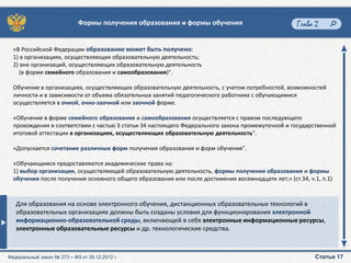 Формы получения образования и формы обучения                            Глава 2

  «В Российской Федерации образование может быть получено:
  1) в организациях, осуществляющих образовательную деятельность;
  2) вне организаций, осуществляющих образовательную деятельность
    (в форме семейного образования и самообразования)".

  Обучение в организациях, осуществляющих образовательную деятельность, с учетом потребностей, возможностей
  личности и в зависимости от объема обязательных занятий педагогического работника с обучающимися
  осуществляется в очной, очно-заочной или заочной форме.

  «Обучение в форме семейного образования и самообразования осуществляется с правом последующего
  прохождения в соответствии с частью 3 статьи 34 настоящего Федерального закона промежуточной и государственной
  итоговой аттестации в организациях, осуществляющих образовательную деятельность".

  «Допускается сочетание различных форм получения образования и форм обучения".

  «Обучающимся предоставляются академические права на:
  1) выбор организации, осуществляющей образовательную деятельность, формы получения образования и формы
  обучения после получения основного общего образования или после достижения восемнадцати лет;» (ст.34, ч.1, п.1)



   Для образования на основе электронного обучения, дистанционных образовательных технологий в
   образовательных организациях должны быть созданы условия для функционирования электронной
   информационно-образовательной среды, включающей в себя электронные информационные ресурсы,
   электронные образовательные ресурсы и др. технологические средства.



Федеральный закон № 273 – ФЗ от 29.12.2012 г.                                                             Статья 17
 