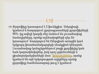
 Քլորոֆիլը կատարում է 2 ֆունկցիա` էներգիայի
  կլանում և հաղորդում: քլորոպլաստների քլորոֆիլների
  90%- ից ավելի կազմի մեջ մտնում են լուսահավաք
  համալիրները, որոնք ալեհավաքների դեր են
  կատարում` հաղորդում են էներգիան առաջին կամ
  երկրորդ ֆոտոհամակարգերի ռեակցիոն կենտրոն:
  Լուսահավաք կոմպլեքսներում բացի քլորֆիլից կան
  նաև կարոտինոիդներ, իսկ որոշ ջրիմուռների և
  ցիանոբակտերիաների մոտ` ֆիկոբիլիններ, որոնք
  կլանում են այն երկարության ալիքները որոնք
  քլորոֆիլը համեմատաբար թույլ է կլանում:
 