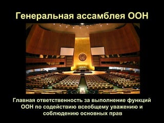 Генеральная ассамблея ООН




Главная ответственность за выполнение функций
   ООН по содействию всеобщему уважению и
          соблюдению основных прав
 