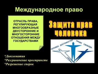 Международное право
     ОТРАСЛЬ ПРАВА,
     РЕГУЛИРУЮЩАЯ
     МНОГООБРАЗНЫЕ
     ДВУСТОРОННИЕ И
    МНОГОСТОРОННИЕ
    ОТНОШЕНИЯ МЕЖДУ
     ГОСУДАРСТВАМИ




*Дипломатия
*Разграничение пространств
*Разрешение споров
 